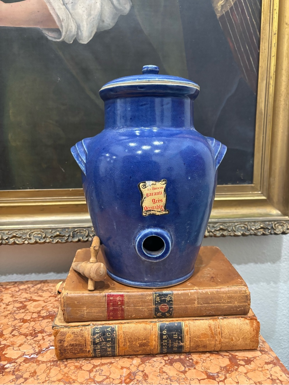 Lidded Vintage Blue French Pottery Vinegar Dispenser with Stamp
